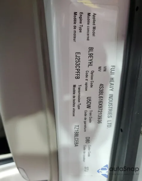 2009 Subaru Legacy 2.5I z USA, uszkodzony, nr VIN 4S3BL616X97213936